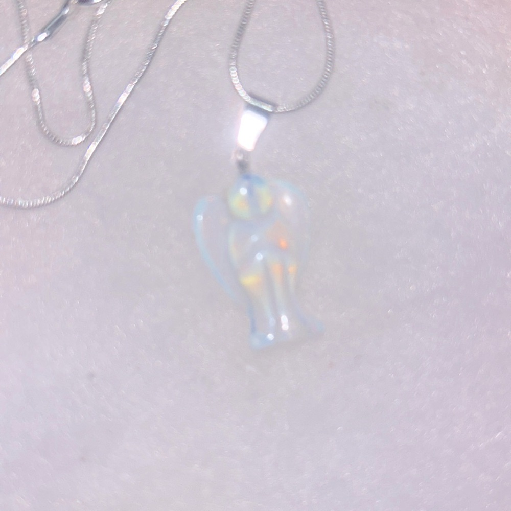 Boho Opal Crystal Angel Sterling Silver Necklace 16”